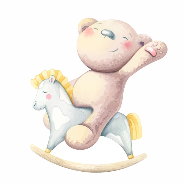 Vektor niedlicher teddybär reitet schaukelpferd handgezeichnete illustration