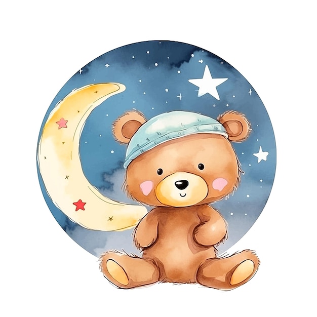 Niedlicher Teddybär sitzt vor Mond-Aquarellfarbe