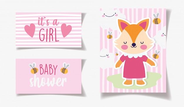 Niedlicher weiblicher fuchs mit kleiderbienendekoration sein eine mädchenbabypartykarte