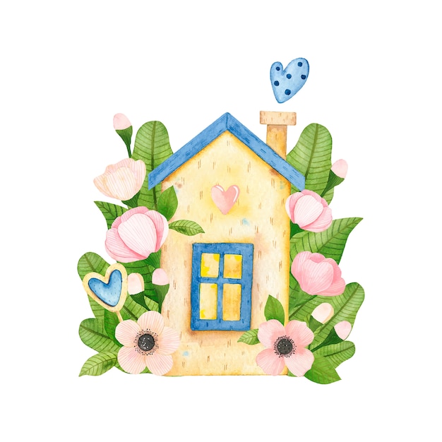 niedliches Aquarellhaus mit Blumen