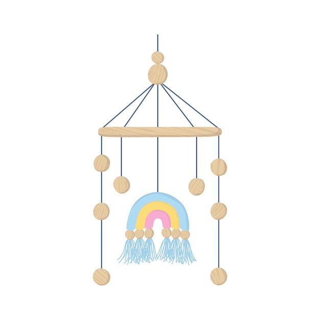 Niedliches Baby-Mobile aus Holz für die Krippe mit hängenden Fäden und Perlen in Regenbogenfarben