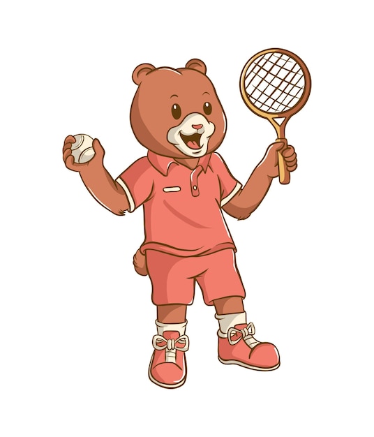 Niedliches bärenmaskottchen-cartoon-illustrationsdesign als tennisspieler