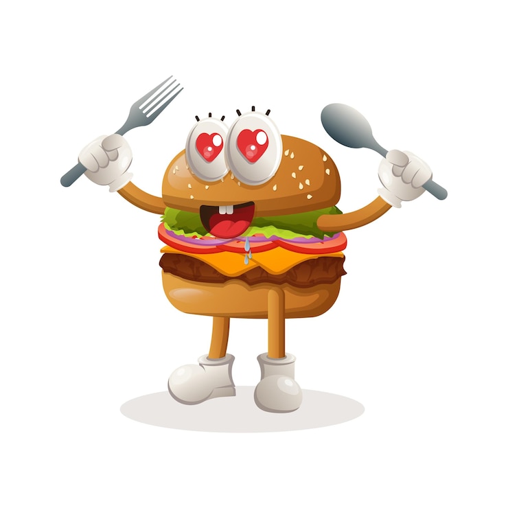 Vektor niedliches burger-maskottchen-design mit löffel und gabel