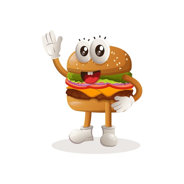 Vektor niedliches burger-maskottchen-design winkt mit der hand