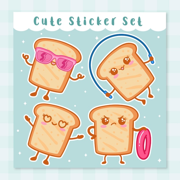 Niedliches cartoon-brot-hand gezeichnetes kawaii-gekritzel-illustrations-design-set 2