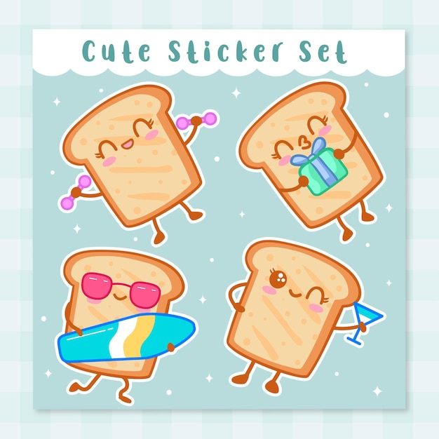 Vektor niedliches cartoon-brot-handgezeichnetes kawaii-gekritzel-illustrations-design-set 3