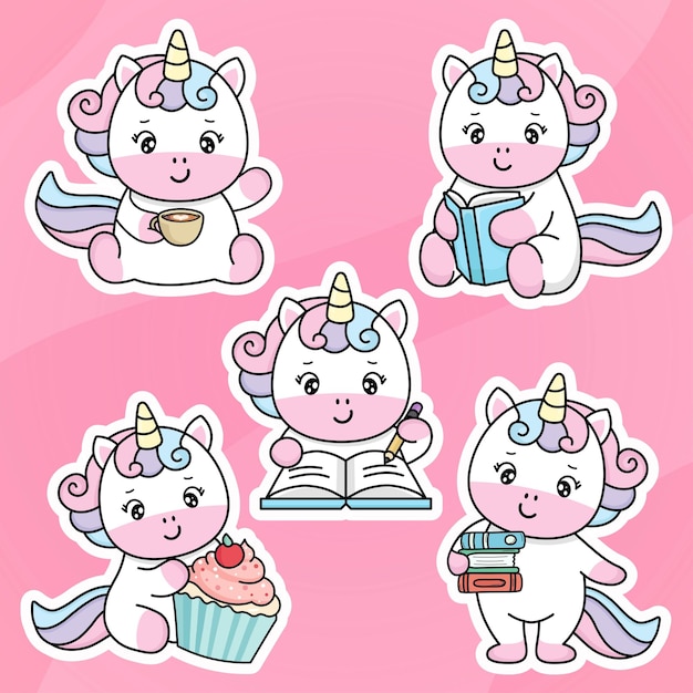 Vektor niedliches cartoon-einhorn-set, handgezeichnete kawaii-doodle-illustration