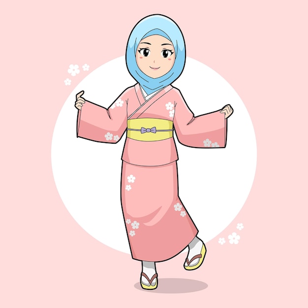 Vektor niedliches cartoon-hijab-mädchen im kimono