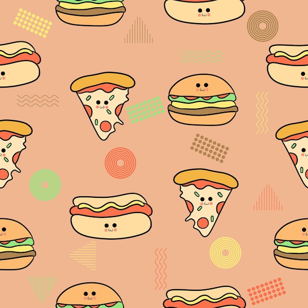 Niedliches Chibi-Pizza-Hamburger-Hotdog weiches buntes nahtloses Mustergekritzel scherzt Baby-Kawaii-Cartoon