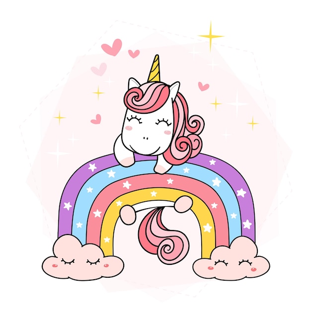 Niedliches Einhorn magisches Lila auf Regenbogen, einfache Doodle-Umriss-Cartoon-Illustration