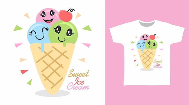 Niedliches Eiscreme-Cartoon-T-Shirt-Designkonzept