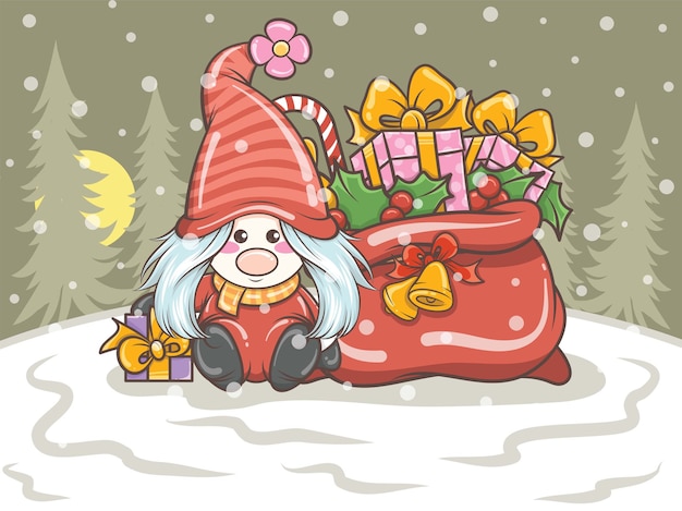 Niedliches gnome mädchen, das eine geschenkbox auf weihnachtsillustration hält