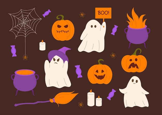 Niedliches Halloween-Set, Kürbisse, Geister, Kessel, Süßigkeiten und Spinnen. Vektorillustration