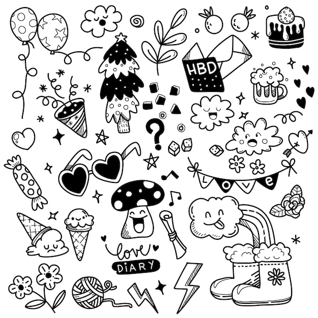 Niedliches handgezeichnetes Doodle-Set, liebe süße Dinge, süße Tiere und kreative Design-Kollektion Illustration