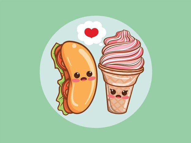 Niedliches hot dog und eiscreme-paar-konzept. zeichentrickfigur und illustration.