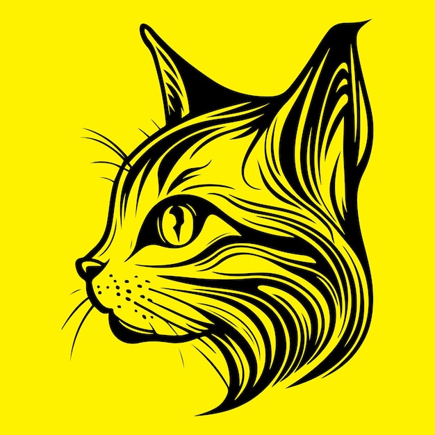 Niedliches Katzengesicht Symbol schwarzer Umrissvektor isoliert auf gelbem Hintergrund, Katzenkopf-Vektorzeichnung