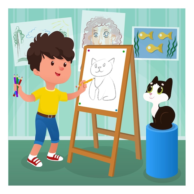 Niedliches Kind zeichnet sein Kind. Cartoon-Vektorillustration eines Künstlerjungen mit Bleistiften