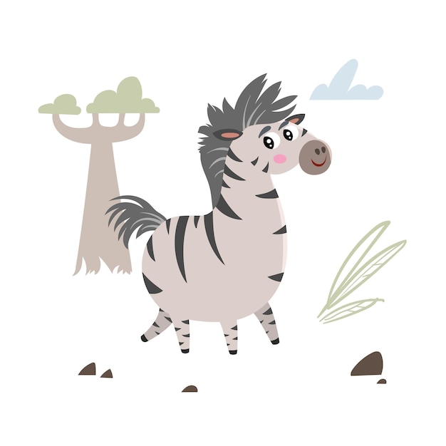 Niedliches, kindliches cartoon-zebra, das in der savanne spaziert. einfache designvorlage für kleinkinder, ideal für stoffdrucke und partydesigns. vektorillustration