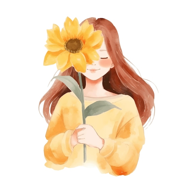 Vektor niedliches mädchen mit einer sonnenblume. aquarell-illustration