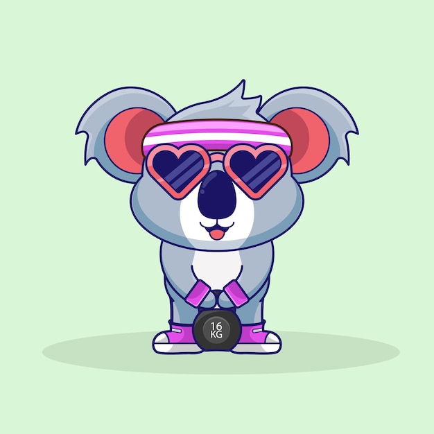 Vektor niedliches maskottchen koala hebt kettlebell-vektordesign gym workout icon süßer aufkleber im cartoon-stil