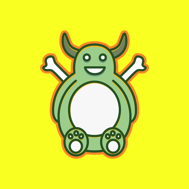 Niedliches maskottchen tierfett gehörnt mit knochen lächeln grüner monster logo design vektor
