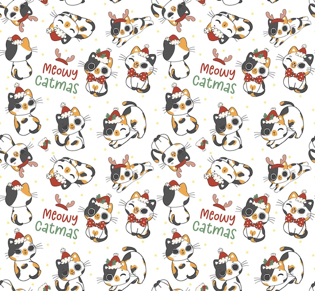 Niedliches Muster nahtloser Hintergrund lustige Santa Calico Kätzchen Katzen Weihnachten Tier Cartoon Doodle Zeichnung isoliert auf weißem Hintergrund