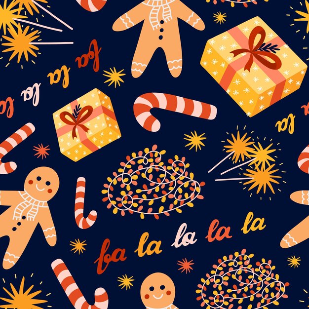 Niedliches nahtloses weihnachtsmuster mit handgezeichneten feiertagsillustrationen von verpackten geschenkbox-lichtern funkelt lebkuchenmann kann zum einwickeln von papier-bettwäsche-notebook-paketen verwendet werden