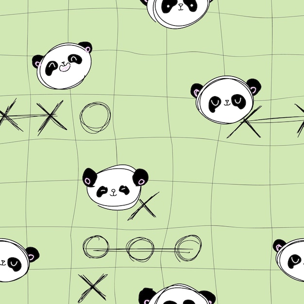 Niedliches pastellgrünes muster mit linie doodle panda nahtloser hintergrund textilien für kinder