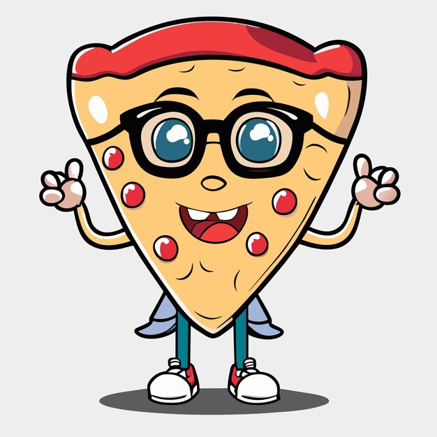 Vektor niedliches pizzastück mit brille und daumen nach oben, cartoon-vektor-symbol-illustration