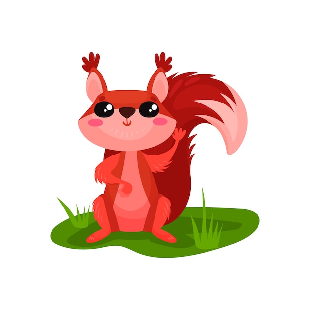 Niedliches rotes eichhörnchen, das auf gras sitzt und pfote winkt kleines waldtier mit flauschigem schwanz flaches vektorelement für aufkleber oder kinderbuch