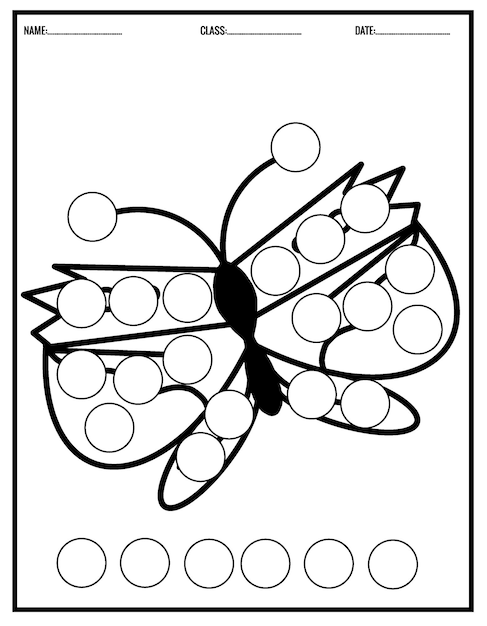 Niedliches schmetterlings-malbuch für kinder. arbeitsblätter mit punktmarkierungen für den kindergarten.