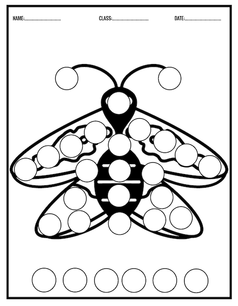 Niedliches schmetterlings-malbuch für kinder. arbeitsblätter mit punktmarkierungen für den kindergarten.