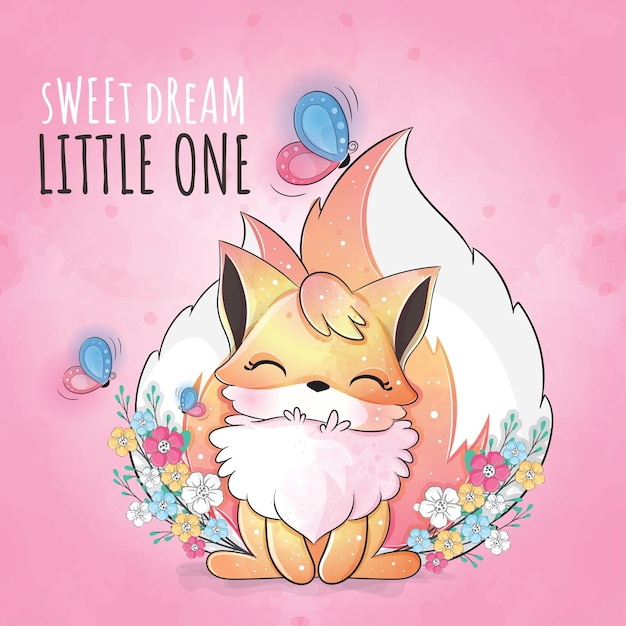 Niedliches tier kleiner fuchs mit schmetterlingsillustration illustration süßes tieraquarell