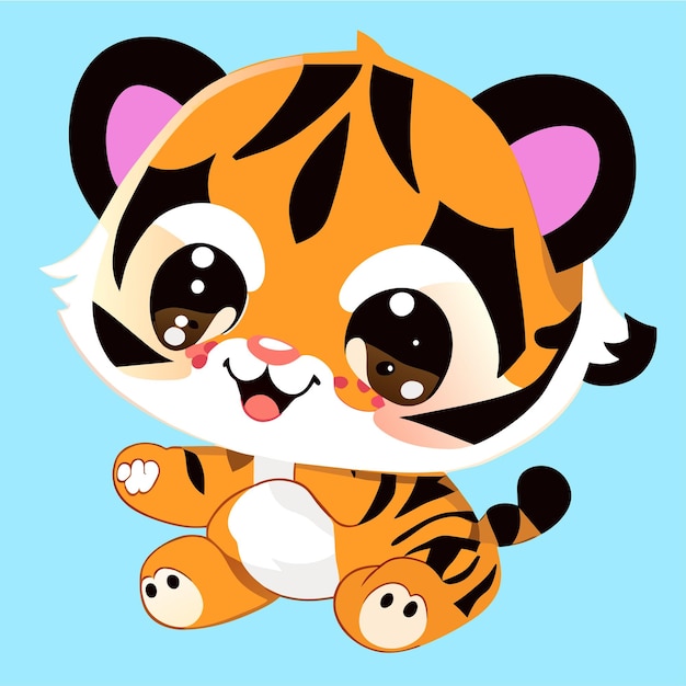 Niedliches Tiger-Kawaii-Maskottchen, handgezeichnetes Cartoon-Aufkleber-Symbol-Konzept, isolierte Illustration