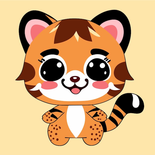 Niedliches Tiger-Kawaii-Maskottchen, handgezeichnetes Cartoon-Aufkleber-Symbol-Konzept, isolierte Illustration