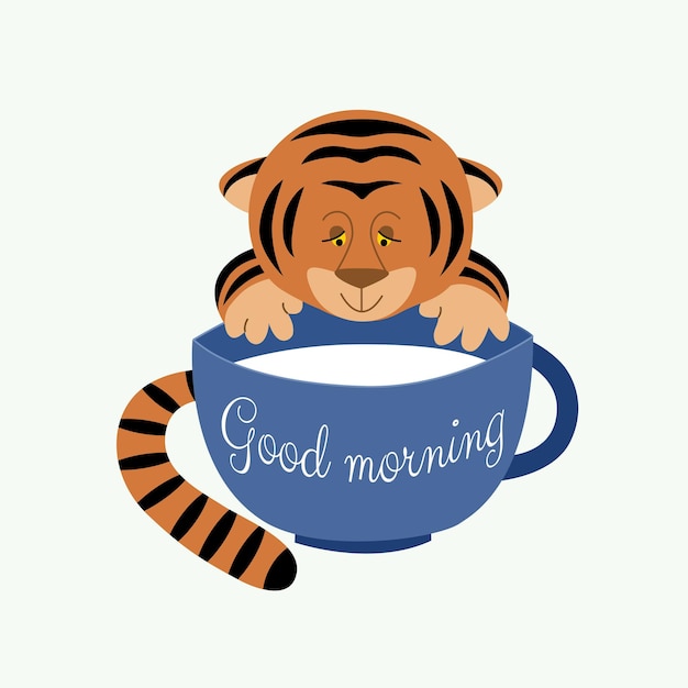 Vektor niedliches tigerjunges mit einer blauen tasse milch kinderillustration einer lustigen wildkatze auf weißem hintergrund guten morgen