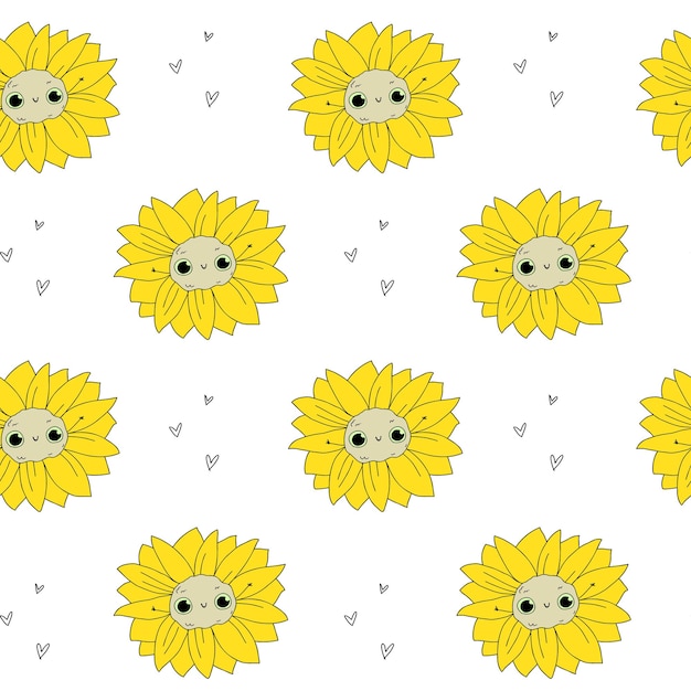 Niedliches weißes muster mit doodle-sonnenblumen-stoff nahtlose hintergrundlinie herzen minimalismus-papier