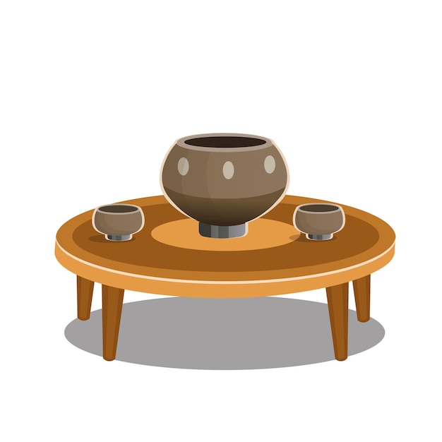 Niedriger Tisch mit Tassen und Kessel. Vektor-Cartoon-Illustration