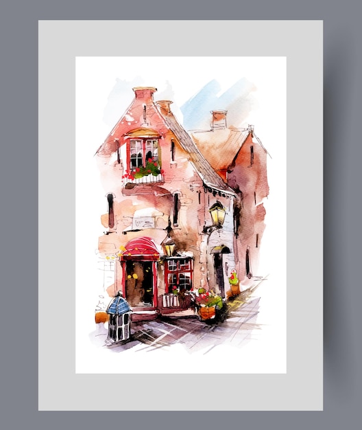 Niedriges rotes Backsteingebäude in schmalen Stadtstraßen im europäischen Stil auf gedruckten Aquarellkunstwerken