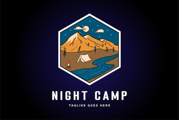 Night mountain tent campfire und river creek badge emblem für outdoor camp logo design