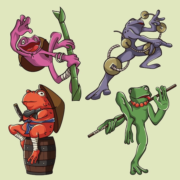 Ninja-frosch-illustrationsvektorsatz