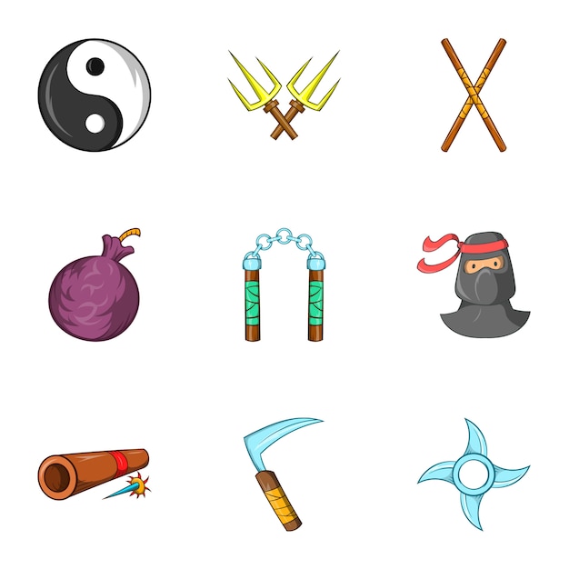 Ninja icons set, cartoon-stil