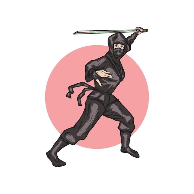 Vektor ninja-mädchen in kampfhaltung mit einem katana in der hand posterdruck oder t-shirt-design vektorillustration
