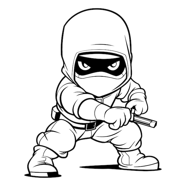 Vektor ninja schwarz-weiß-cartoon-illustration eines ninja-maskottchencharakters