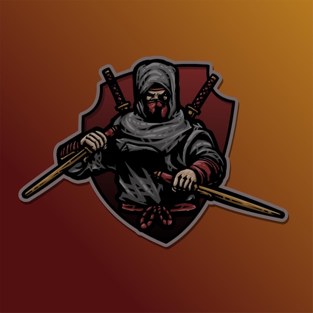 Ninja shinobi assassin mit zwillingsdolchen waffenmaskottchen esport vektor logo illustration