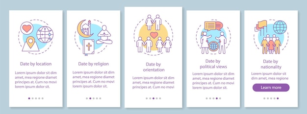 Nischen-dating-app bietet onboarding-vektorvorlage für den bildschirm für mobile seiten. datum nach ort, religion, orientierung, politische ansichten, nationalität lineare illustrationen. ux, ui, gui smartphone-schnittstelle