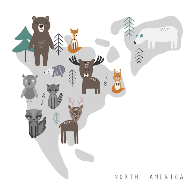 Nordamerika-karte für kinder poster mit niedlichen vektortieren im flachen stil