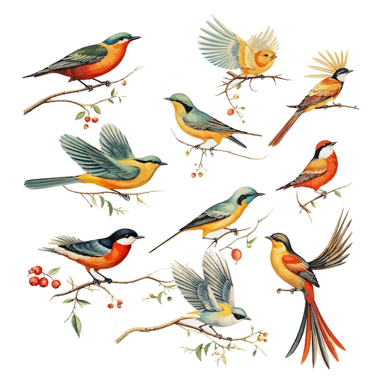 Vektor nordische vogelfarbe aquarell vintage-vektor-set