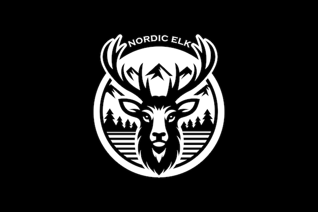 Nordisches elch-logo mit elchgesicht mit bergen auf der rückseite