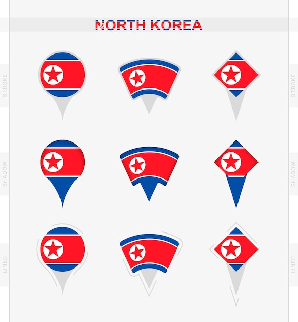Nordkorea-flagge mit standortstiftsymbolen der nordkorea-flagge